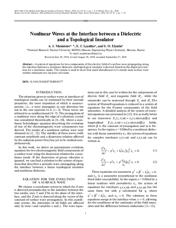 (PDF) Nonlinear Waves at the Interface between a Dielectric and a ...