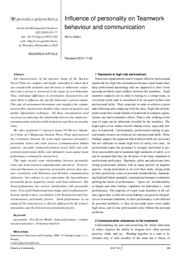 (PDF) Influence of personality on Teamwork behaviour and communication