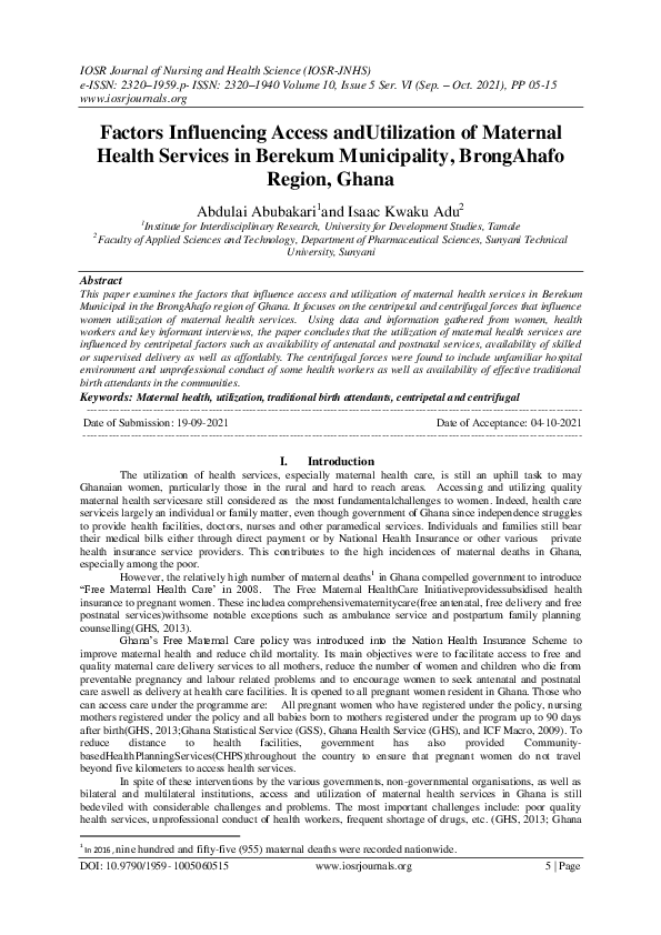 (PDF) Factors Influencing Access andUtilization of Maternal Health ...