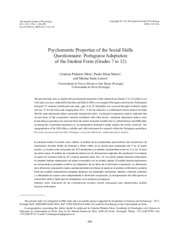 (PDF) Psychometric properties of the Social Skills Questionnaire ...