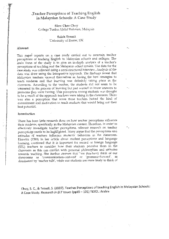 (PDF) Teacher perceptions of teaching English in Malaysian Schools: A ...