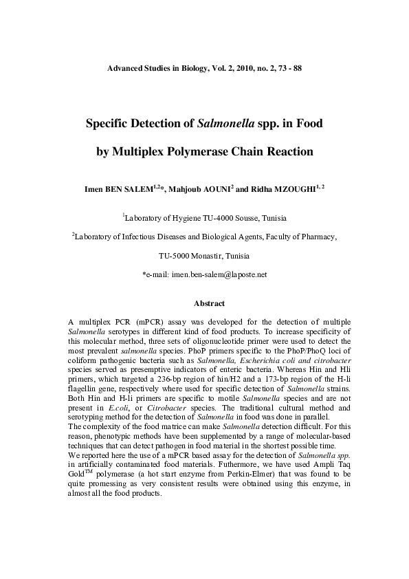 (PDF) Specific Detection of Salmonella spp. in Food by Multiplex ...