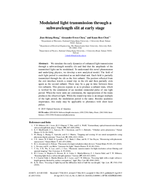 (PDF) Modulated light transmission through a subwavelength slit at ...