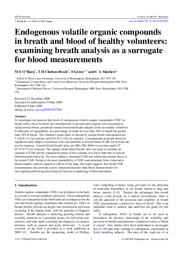 (PDF) Endogenous volatile organic compounds in breath and blood of ...