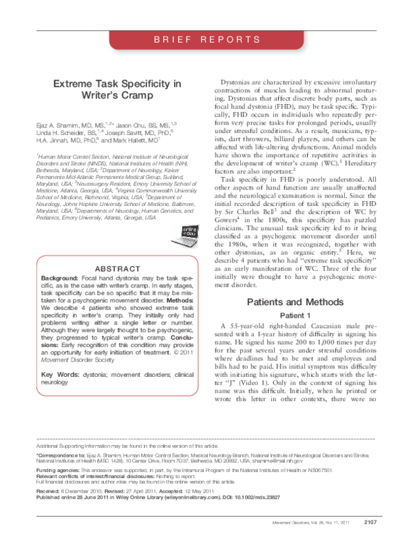 (PDF) Extreme task specificity in writer's cramp