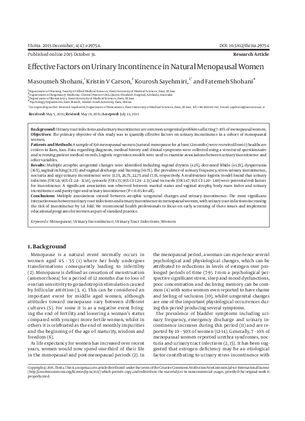 (PDF) Effective Factors on Urinary Incontinence in Natural Menopausal Women