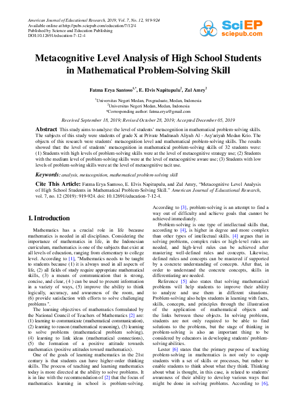 (PDF) Metacognitive Level Analysis of High School Students in ...
