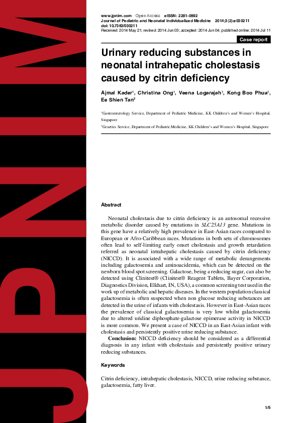 (PDF) Urinary reducing substances in neonatal intrahepatic cholestasis ...