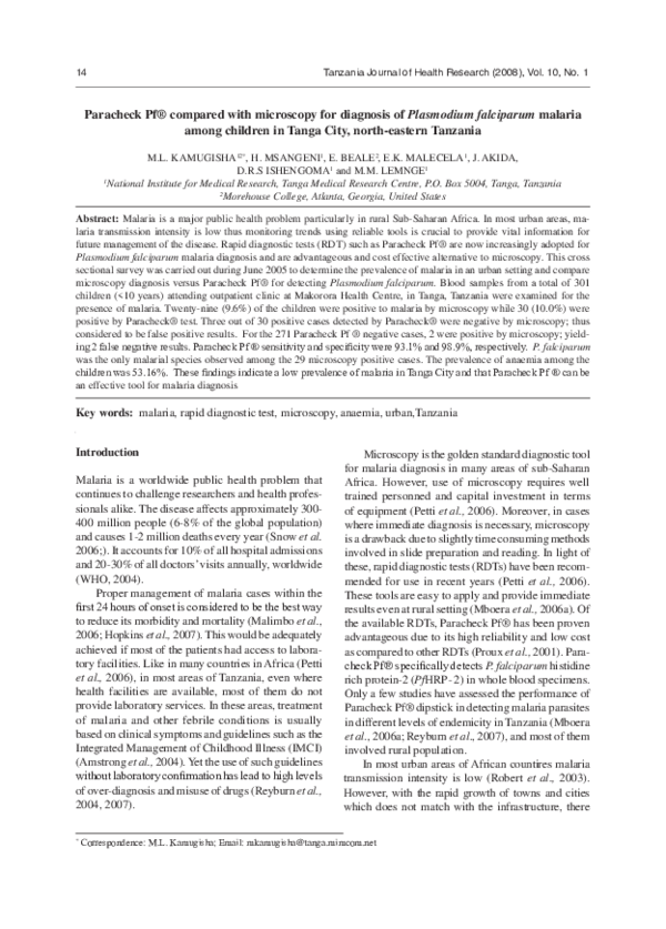 (PDF) Paracheck Pf® compared with microscopy for diagnosis of ...