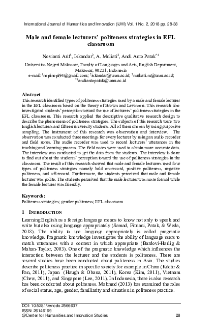 (PDF) Male and female lecturers’ politeness strategies in EFL classroom