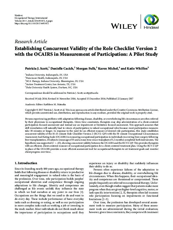 (PDF) Establishing Concurrent Validity of the Role Checklist Version 2 ...