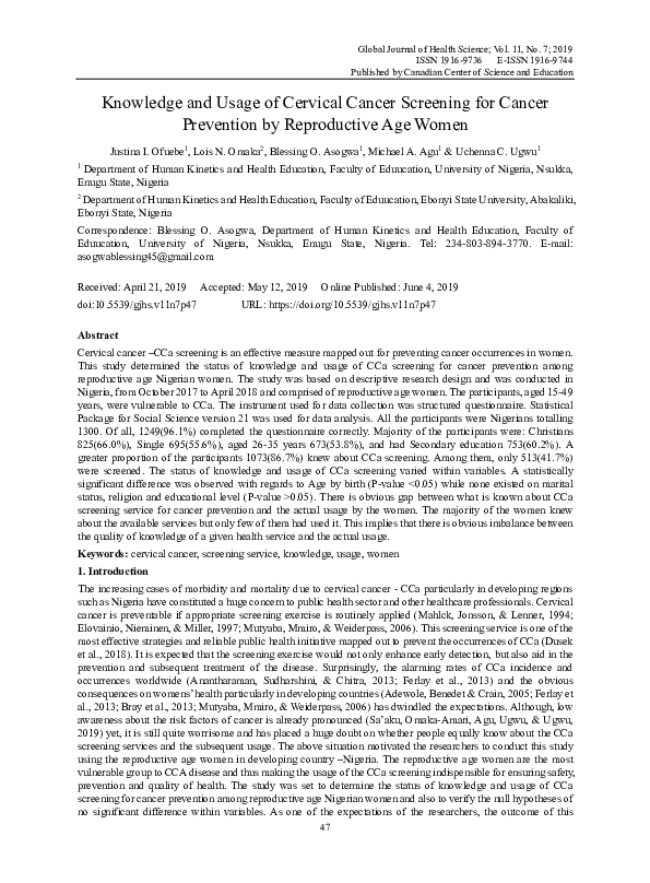 (PDF) Knowledge and Usage of Cervical Cancer Screening for Cancer ...