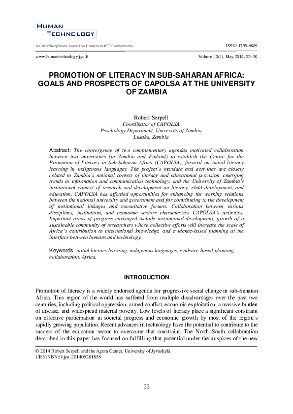 (PDF) Promotion of literacy in sub-Saharan Africa: goals and propspects ...