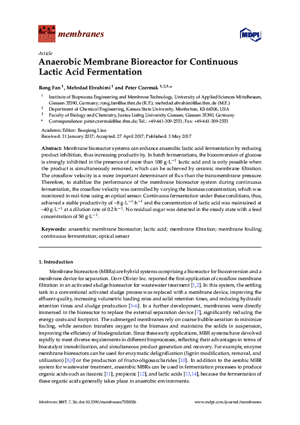 (PDF) Anaerobic Membrane Bioreactor for Continuous Lactic Acid Fermentation