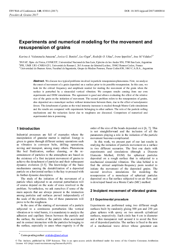 (PDF) Experiments and numerical modeling for the movement and ...
