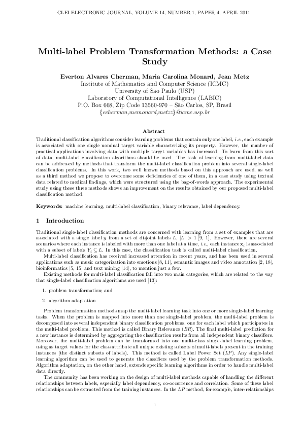 (PDF) Multi-label Problem Transformation Methods: a Case Study