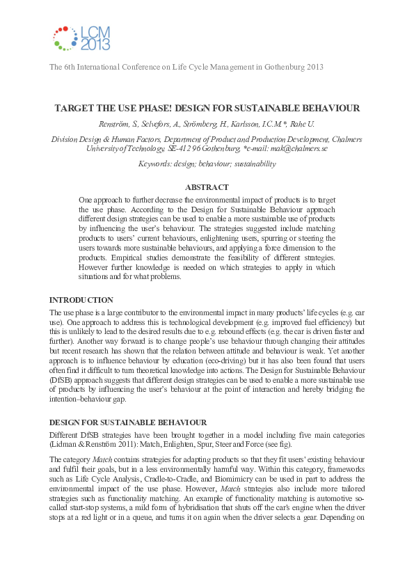 (PDF) Target the Use Phase! Design for Sustainable Behaviour