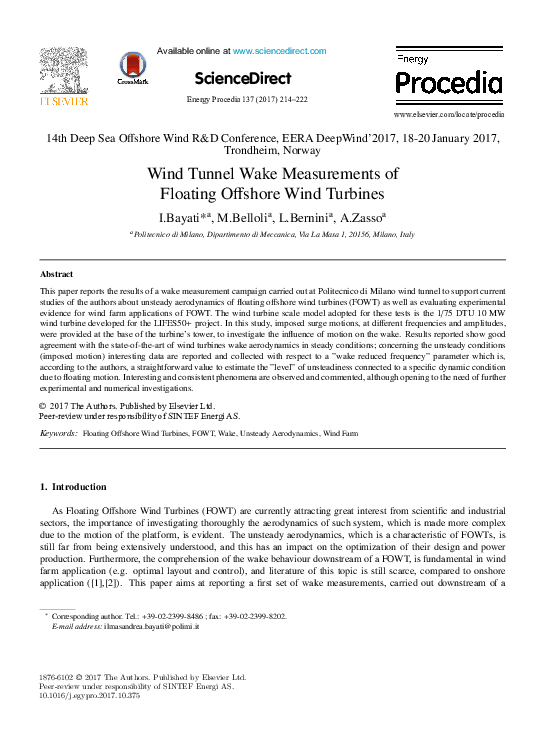 (PDF) Wind Tunnel Wake Measurements of Floating Offshore Wind Turbines
