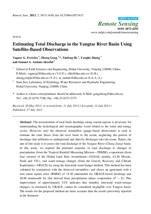 (PDF) Estimating total discharge in the Yangtze River Basin using ...