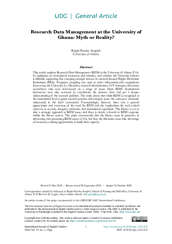 (PDF) Research Data Management (RDM) at the University of Ghana (UG)