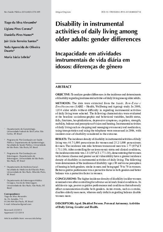 (PDF) Disability in instrumental activities of daily living among older ...