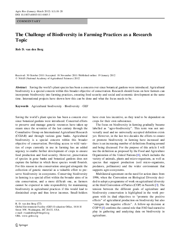 (PDF) The Challenge of Biodiversity in Farming Practices as a Research ...