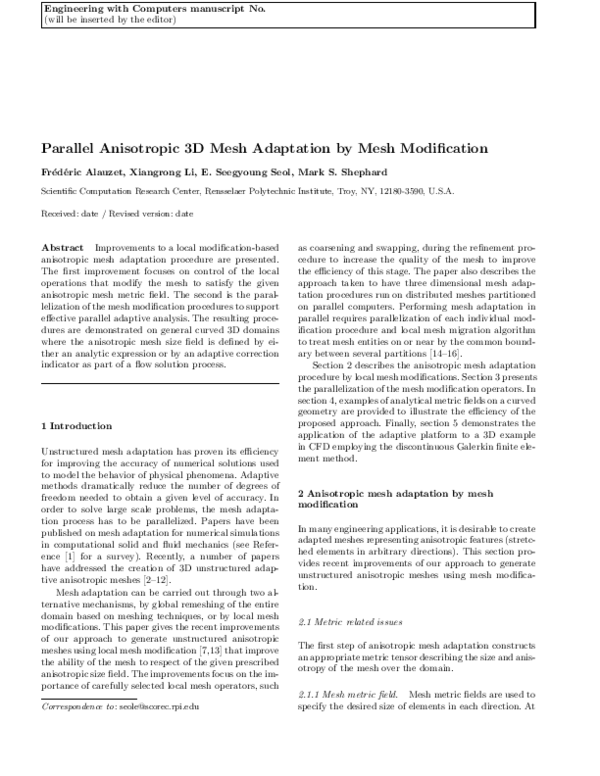 (PDF) Parallel anisotropic 3D mesh adaptation by mesh modification