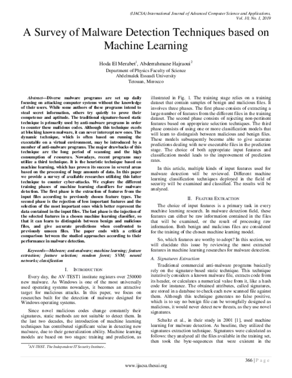 (PDF) A Survey of Malware Detection Techniques based on Machine Learning