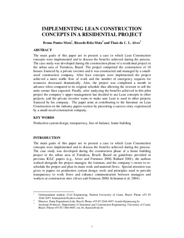 (PDF) Implementing Lean Construction Concepts in a Residential Project