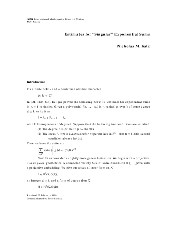 (PDF) Estimates for singular exponential sums | Nicholas Katz ...