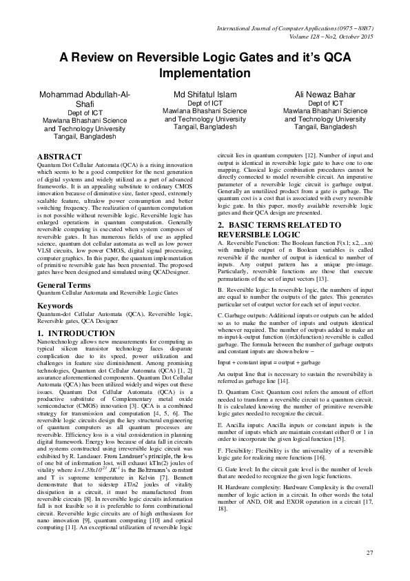 (PDF) A Review on Reversible Logic Gates and its QCA Implementation