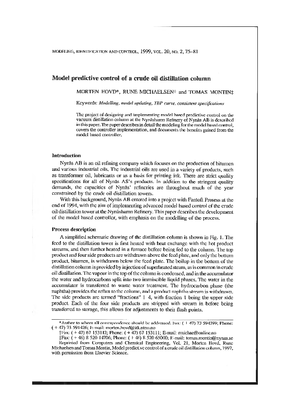 (PDF) Model predictive control of a crude oil distillation column