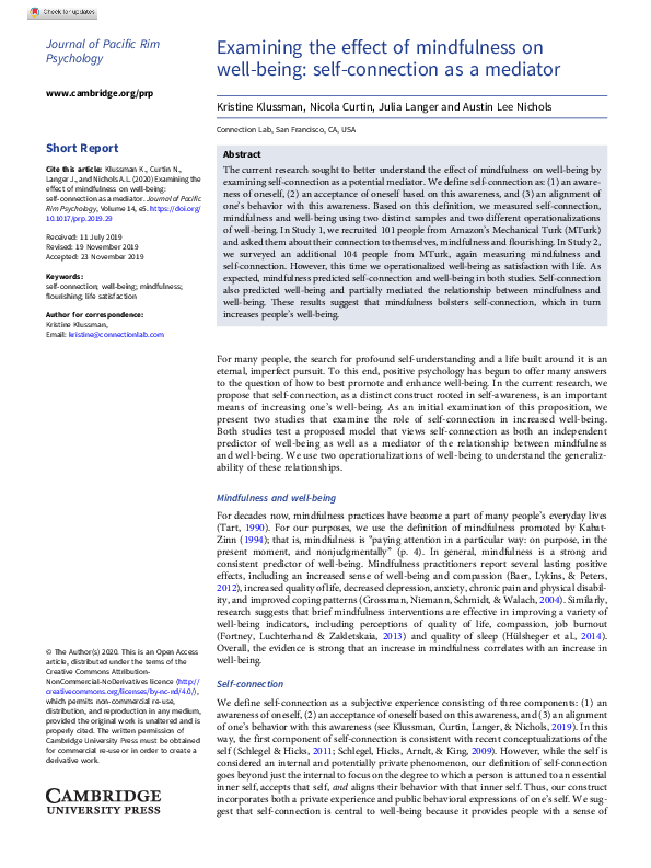 (PDF) Examining the effect of mindfulness on well-being: self ...