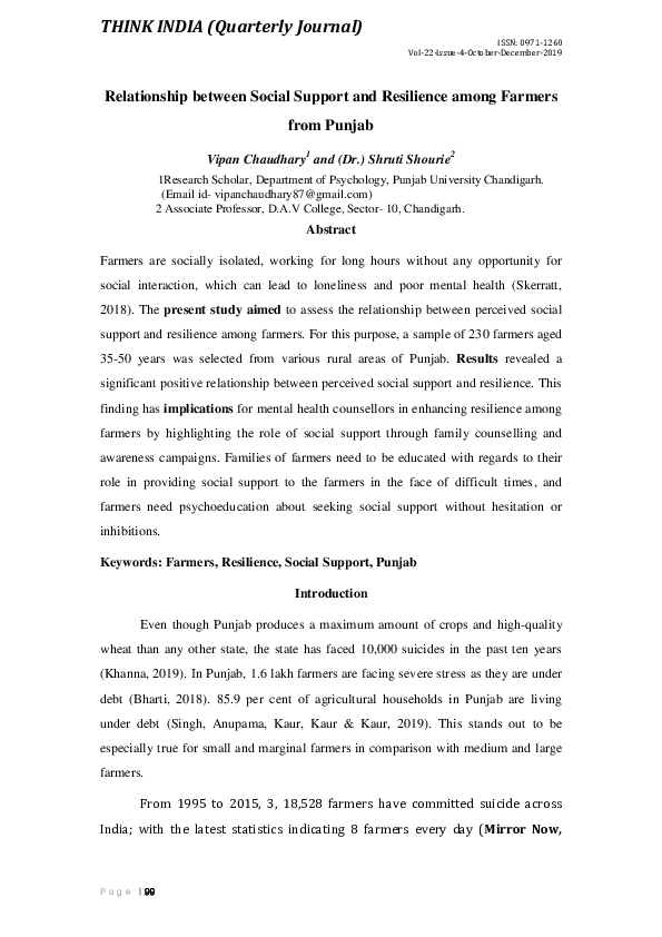 (PDF) Relationship between Social Support and Resilience among Farmers ...