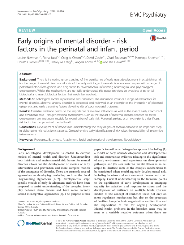 (PDF) Early origins of mental disorder - risk factors in the perinatal ...