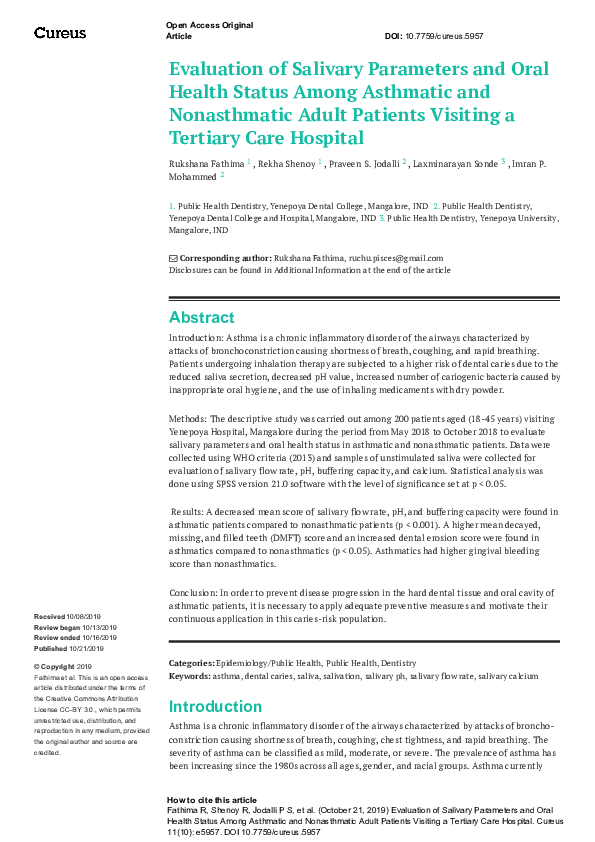 (PDF) Evaluation of Salivary Parameters and Oral Health Status Among ...