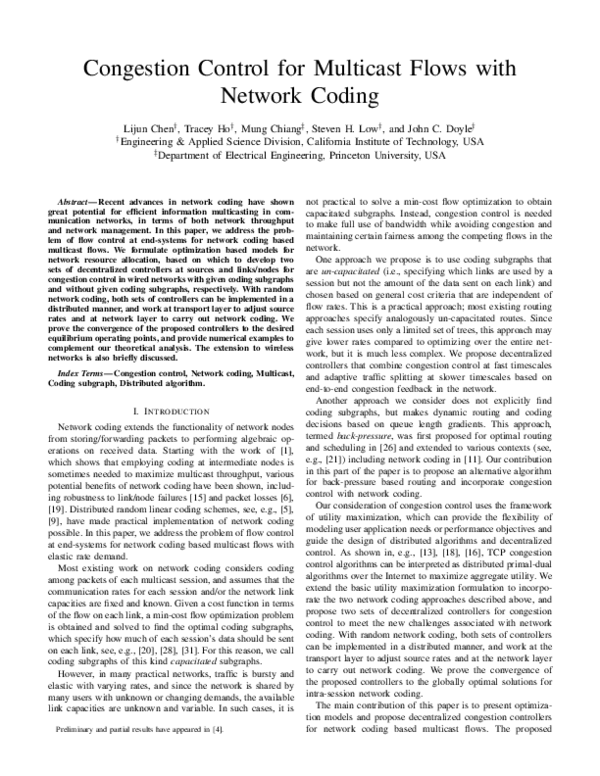 (PDF) Congestion Control for Multicast Flows With Network Coding