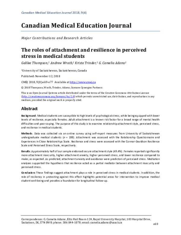 (PDF) The roles of attachment and resilience in perceived stress in ...