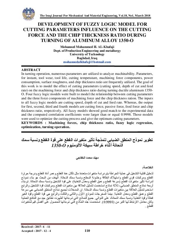 (PDF) Development of Fuzzy Logic Model for Cutting Parameters Influence ...