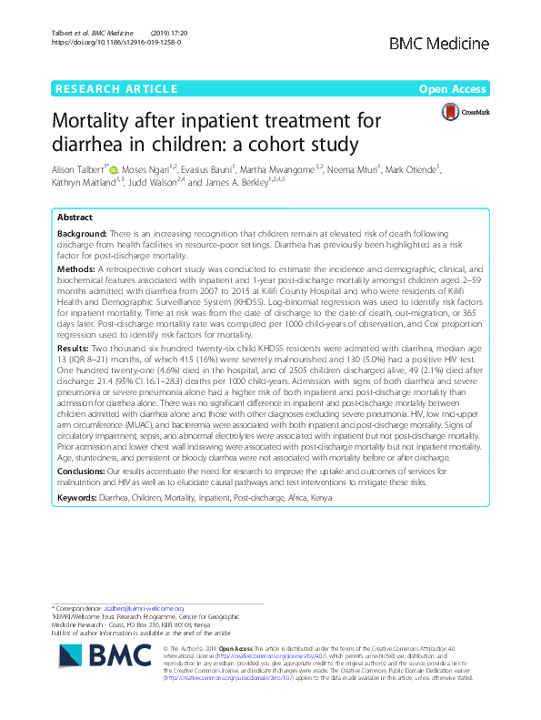 (PDF) Mortality after inpatient treatment for diarrhea in children a