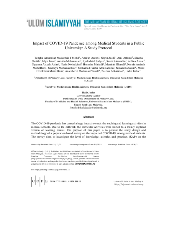 (PDF) Impact of COVID-19 Pandemic among Medical Students in a Public ...