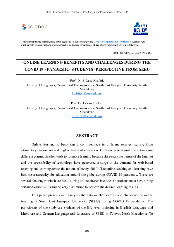 (PDF) Online Learning Benefits and Challenges During the COVID 19 ...