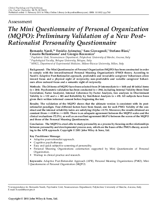 (PDF) The mini questionnaire of personal organization (MQPO ...