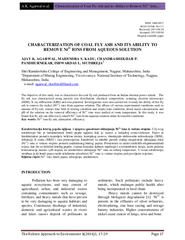 (PDF) CHARACTERIZATION OF COAL FLY ASH AND ITS ABILITY TO REMOVE Ni2 ...