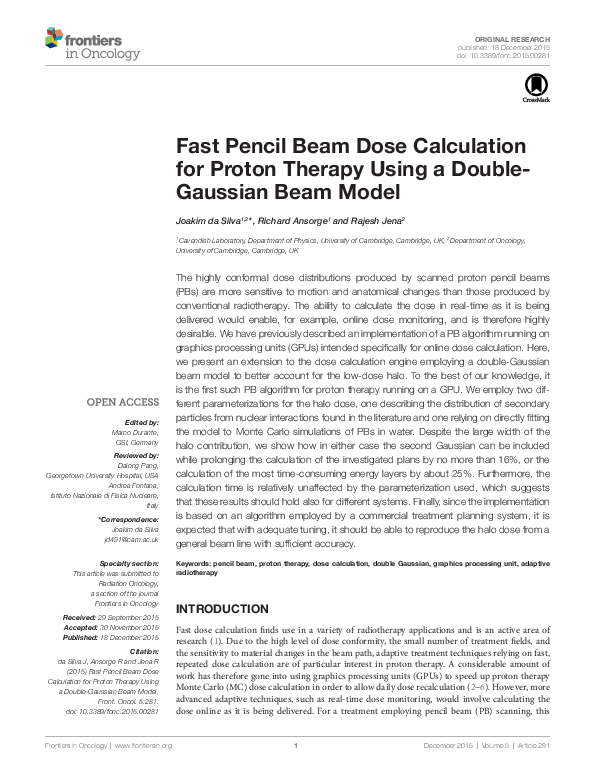 (PDF) Fast Pencil Beam Dose Calculation for Proton Therapy Using a ...