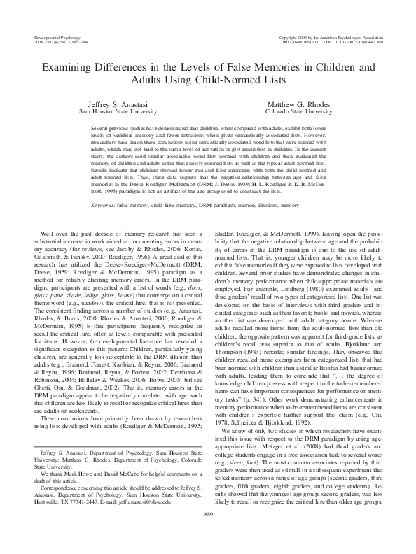(PDF) Examining differences in the levels of false memories in children ...