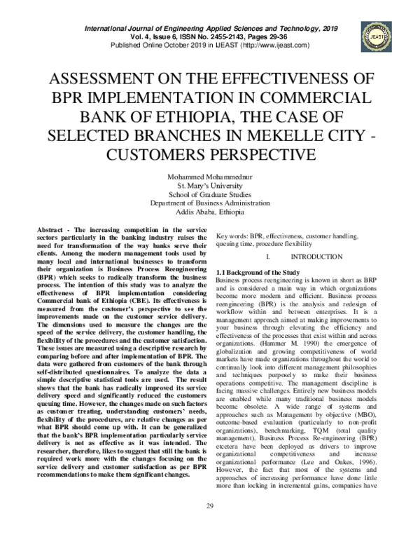 PDF Assessment On The Effectiveness Of BPR Implementation In Commercial Bank Of Ethiopia The 