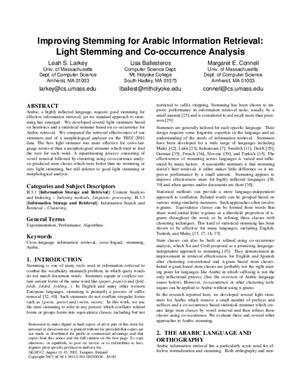 (PDF) Improving stemming for Arabic information retrieval