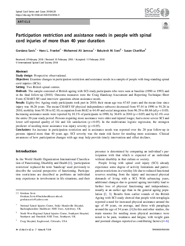(PDF) Participation restriction and assistance needs in people with ...
