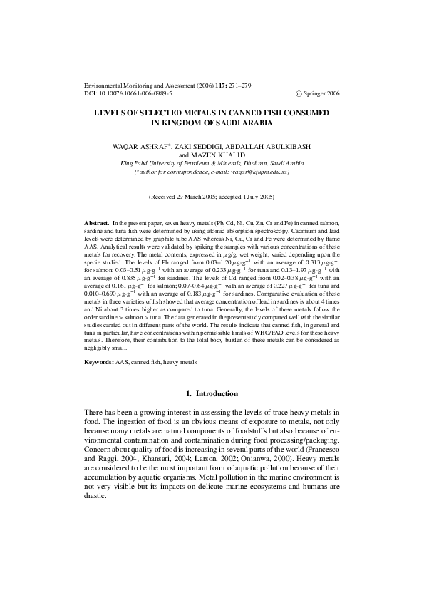 (PDF) Levels of Selected Metals in Canned Fish Consumed in Kingdom of